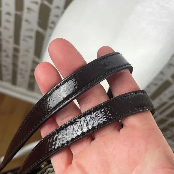 Tommy Hilfiger Logo Print Brown Sateen Patent Leather Trim Tote Bag - Picture 6 of 9